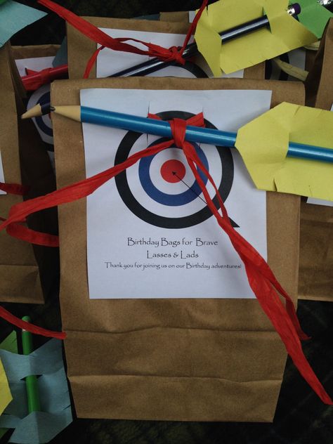 Archery Themed Party, Archery Goody Bags, Archery Party Favors, Medieval Party Favors, Robin Hood Themed Party, Archery Birthday Party Ideas, Archery Birthday Party, Archery Birthday, Merida Birthday Party