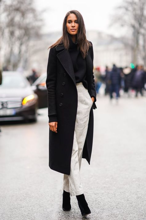 How to Style Sweaters | POPSUGAR Fashion Black Coat Black Boots, Styling Black Coat, Black Coat Styling, How To Style A Coat, How To Style Black Coat, Classic Timeless Fashion, Black And White Winter Outfits, Black Coat Outfits For Women, Black Coat Style