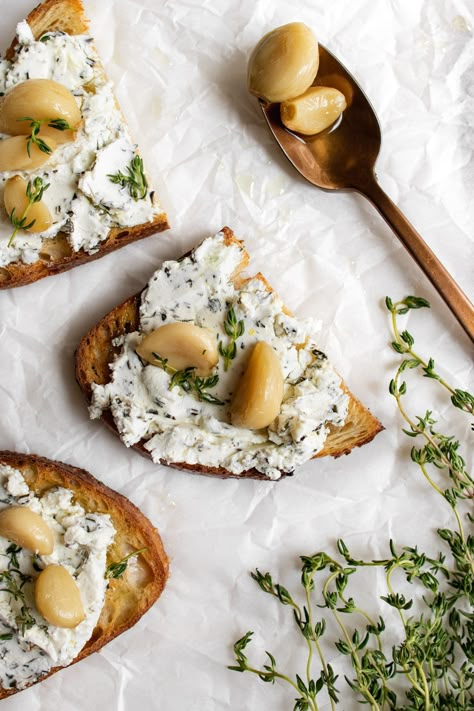 Superbowl Meals, Goat Cheese Sourdough Bread, Goats Cheese Recipes, Garlic Confit Uses, Garlic And Herb Goat Cheese Recipes, Roasted Goat Cheese, Garlic Confit Appetizer, Garlic Confit Toast, Goat Cheese On Toast