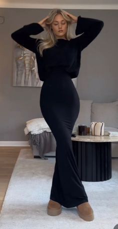 Cute Bodycon Dresses Casual, First Date Clothes, Cold Evening Outfit, Long Dress With Uggs, Salon Manager Outfits, Basics You Need, Skims Dress Fall Outfit, Rich Goth Aesthetic, Black Maxi Dress Outfit Ideas Fall