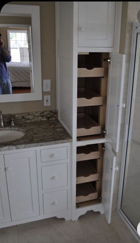 Bathroom Linen Built In, Bathroom Sink Base Cabinet Ideas, Built In Bathroom Hamper, Cabinets On Bathroom Counter, Bathroom Cabinets Built In, Primary Bathroom Storage Ideas, Linen Bathroom Cabinet, Bathroom Tall Storage Cabinet, Bathroom Tower Cabinet Ideas