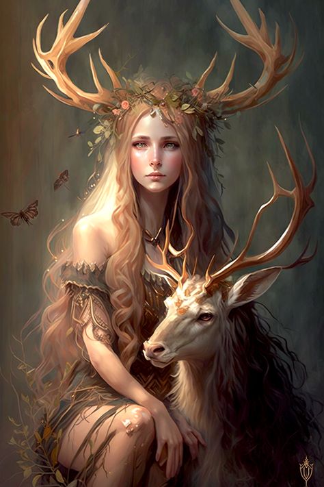 Female Deer With Antlers, Elf With Antlers Art, Female Deer Art, Deer Goddess Art, Deer People Art, Eladrin Druid Female, Human Deer Character Design, Deer Woman Art, Half Deer Half Human