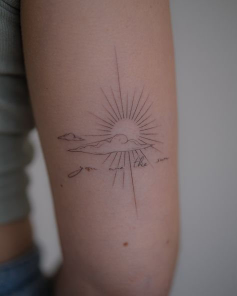 you are the sun 🌞 . #tatt #tattoos #tattooing #fineinetattoos #instagramtattoo #illutatink Sun Son Tattoo, You Are The Sun Tattoo, Detailed Sun Tattoo, Sun Tattoo Minimalist, Sun Rays Tattoo Design, Sun Wrist Tattoo, Sun Tattoo On Back, Sun And Clouds Tattoo, Here Comes The Sun Tattoo