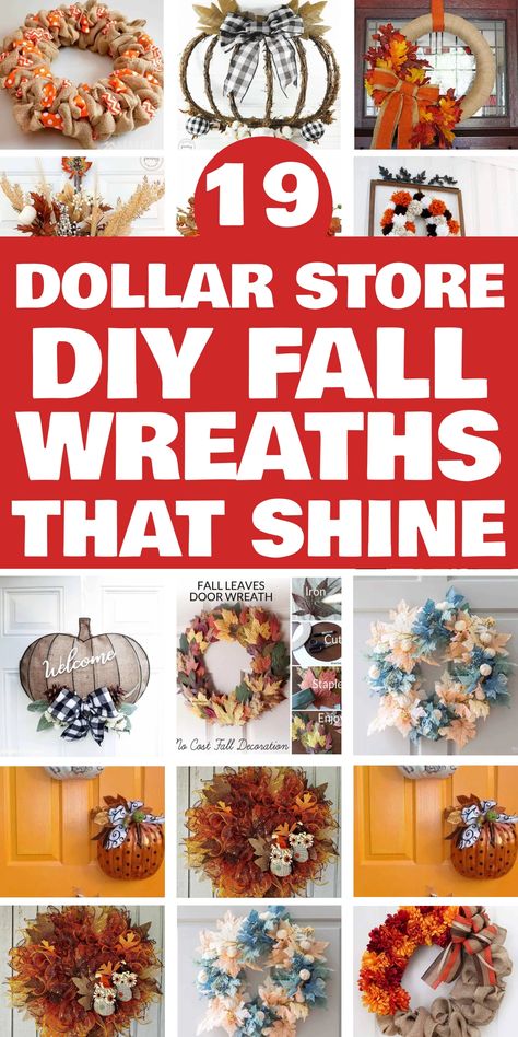 19 DIY fall wreaths from dollar stores for seasonal home decor ideas. Diy Fall Wreaths, Unique Fall Wreath, Easy Burlap Wreath, Burlap Ribbon Wreaths, Fall Wreath Tutorial, Burlap Pumpkin Wreath, Fall Wreath Ideas, Fall Crafts For Adults, Easy Fall Wreaths