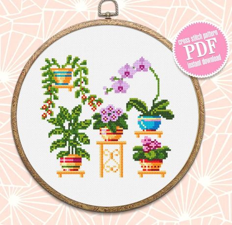 Plants Cross Stitch, Plant Cross Stitch, Small House Plants, Small Cross Stitch, Easy Cross, Floral Cross, Floral Cross Stitch, Cross Stitch Samplers, Simple Cross Stitch