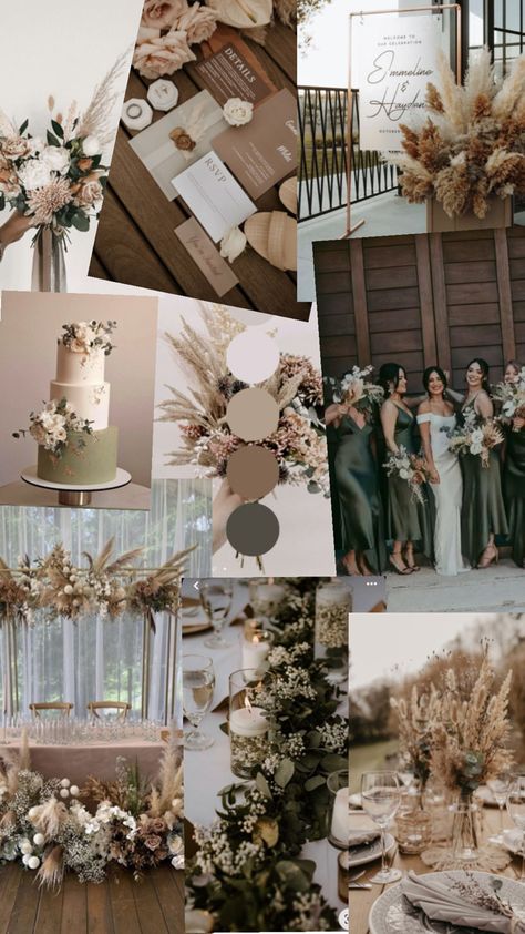 Sage And Brown Wedding Colors, Muted Neutrals Wedding, Grey And Brown Wedding Theme, Greenery And Neutrals Wedding, Wedding Earth Tones Color Schemes, Earth Tones Wedding Decor, Tan And Green Wedding Colors, Olive Green Boho Wedding, Summer Earth Tone Wedding