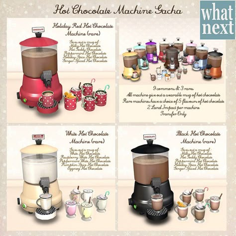 {what next} Hot Chocolate Machine Gacha for The Arcade  New Interactive Hot Chocolate Machines for the December round of The Arcade Gacha, which opened yesterday! http://whatnextshop.com/next-arcade/ Sims 4 Hot Chocolate, Sims Food, Ts4 Patreon, Sims4 Furniture, Chocolate Machine, Los Sims 4 Mods, Sims 4 Piercings, Sims 4 Kitchen, Chocolate Stores