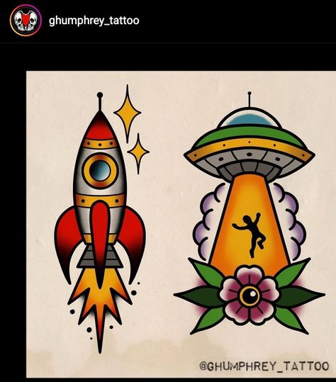 Traditional Rocket Ship Tattoo, Old School Alien Tattoo, Alien Traditional Tattoo, Traditional Rocket Tattoo, Ufo Traditional Tattoo, American Traditional Tattoo Design Old School, Old School Color Tattoo, Traditional Tattoo Ufo, Traditional Tattoo Art Old School