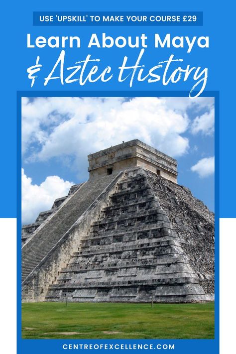 USE 'UPSKILL' TO MAKE YOUR COURSE £29 - Do you want to learn more about what happened to the Mayans? Also, what happened to the Aztecs? Explore Aztec and Mayan cultures, Mayan civilisation facts, and Aztec religion. Click here to start your Maya and Aztec civilisations course today. Aztec Facts | Aztec History Timeline Mayan Hieroglyphics, Aztec History Facts, Mayan Unit Study, Aztec History, Mayan Architecture, Aztec Ruins National Monument, Aztec Civilization, Maya Civilization, Creation Myth