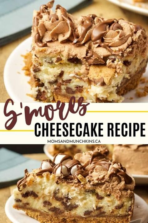 Craving for campfire S'mores right now? This Cheesecake recipe is amazingly delicious! Learn how to bake these S'mores Cheesecake Recipe to enjoy that graham cracker, marshmallow and chocolate combination without the campfire. S'mores Cheesecake Recipe that is sure to please everyone.   #SmoresCheesecakeRecipe #EasyBakeCakeRecipes #cheesecakerecipes S’more Cheesecake Recipe, Smores Cheesecake, Turtle Fudge, Marshmallow And Chocolate, Philadelphia Cheesecake, Homemade Strawberry Sauce, Homemade Snickers, Cookies Bars, Homemade Cheesecake