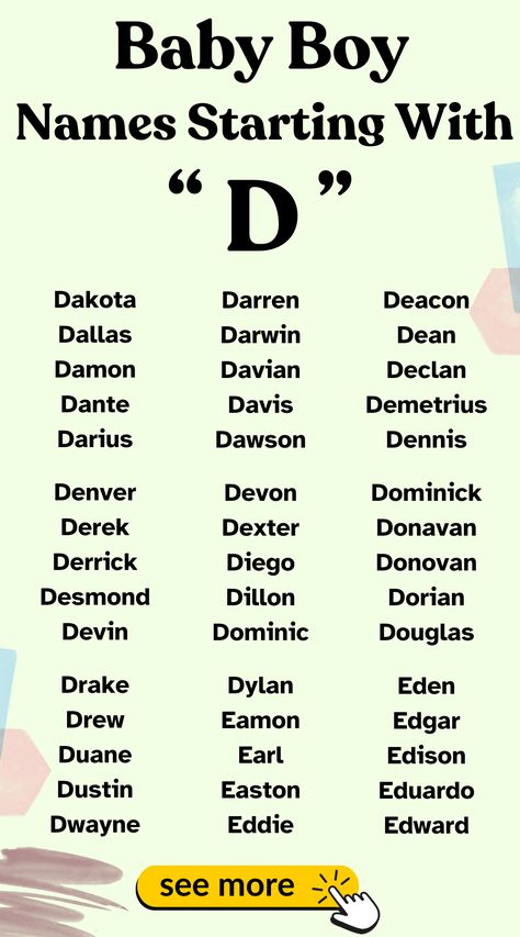 Find delightful baby boy names starting with D. A great list for your precious baby boy.

#BabyNames  #DNames D Boy Names, Rp Names, Names Starting With S, Strong Boys Names, Male Names, Baby Name Generator, Fantasy Character Names, Unisex Baby Names