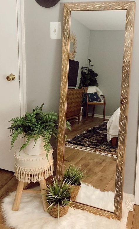 Tall Boho Mirror, Bedroom Mirror Full Length Decor, Boho Bedroom Mirror Corner, Mirror On Floor Living Room, Boho Leaning Mirror, Boho Mirror Corner, Leaning Mirror Bedroom Corner, Boho Long Mirror, Corner Floor Mirror Decor