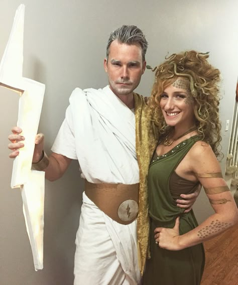 Zeus and Medusa Perseus And Medusa Costume, Medusa And Zeus Costume, Medusa Duo Costume, Zeus And Hera Costume, Medusa Couples Halloween Costume, Greek Mythology Couples Costumes, Medusa Costume Couple, Medusa And Stone Man Costume, Zeus Halloween Costume