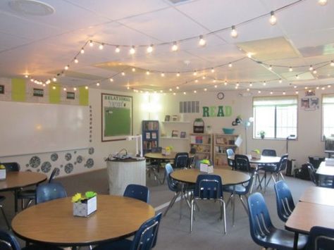 Professional Development Room!!!! Lamps In Classroom, Faculty Lounge Makeover, Christmas Lights Classroom, Christmas Lights In Classroom, Classroom Lights Ideas, Relaxing Classroom, Plc Room, Classroom String Lights, Classroom Lamps