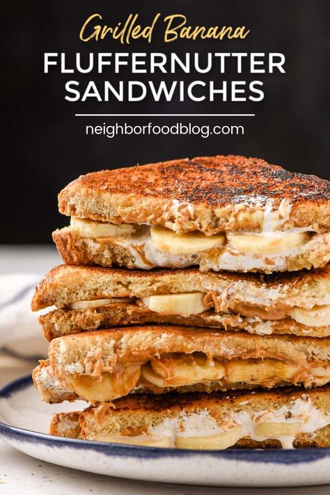 Peanut Butter Marshmallow Fluff, Fluffernutter Sandwich, Grilled Sandwich Recipe, Grilled Bananas, Sliced Banana, Healthy Sandwich Recipes, Banana Sandwich, Peanut Butter Marshmallow, Fitness Humor