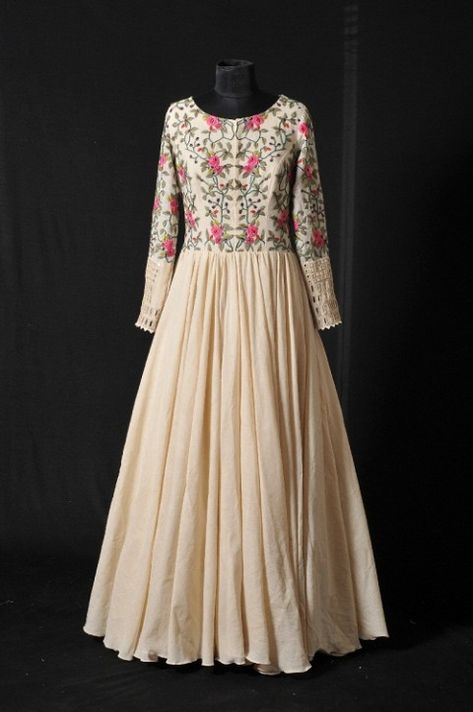 Pearl White Khadi Full Length Dress Pastel Colour Dresses, Purvi Doshi, Bavariya Work, Indian Window, Arjun Reddy, Pastel Color Dress, Cloth Designs, Cream Pastel, Asian Clothes