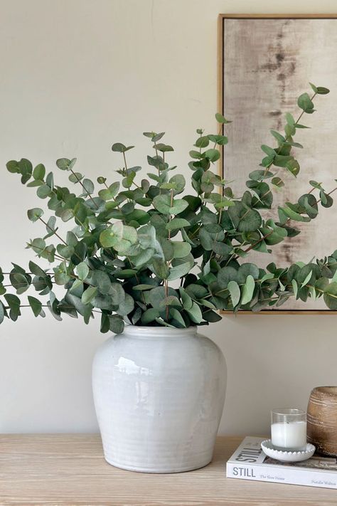 Ashlee's Top Picks – The Suffolk Nest Eucalyptus Stems In Vase, Beauty Table Ideas, Eucalyptus House Decor, Eucalyptus In Vase Decor, Vase With Eucalyptus Leaves, Greenery House Decor, Faux Eucalyptus Arrangement, Indoor Faux Plants Decor, Eucalyptus Home Decor Ideas