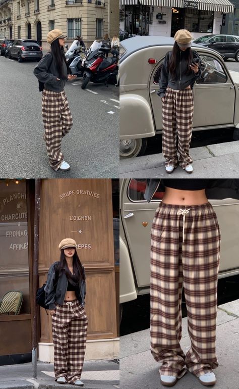 Korean Plaid Pants Outfit, Plaid Pajama Pants Aesthetic, Plaid Baggy Pants, Asian Style Clothes, Asian Style, Stylish Outfits, Ootd, Fashion Outfits, Clothes