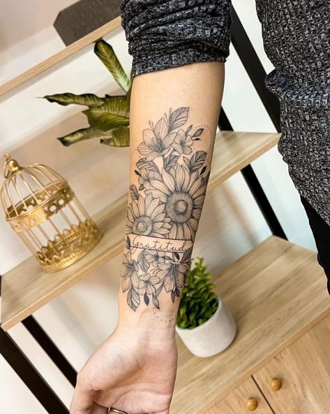 Sunflower Arm Tattoo, Mandalla Tattoo, Sunflower Sleeve Tattoo, Tattoo Idea For Women, Sunflower Mandala Tattoo, Good First Tattoos, Sunflower Tattoo Ideas, Sunflower Tattoo Sleeve, Wrap Around Tattoo