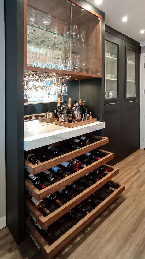 #homebar #happyhour #barideas #cocktails #mixology #homeentertaining #drinkrecipe #barcart #diybar #homehappyhour Wine Bars For Home, Kitchen Wine Bar Ideas, Home Bar Cabinet Ideas, Bar In Dining Room Ideas, Wine Bar Interior Design, Home Wine Bar, Hangout Space, Home Bar Ideas, Wine Closet