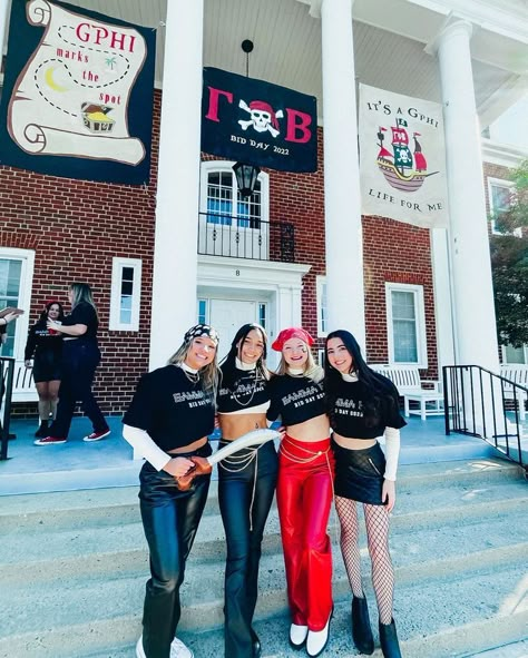 Pirate Bid Day Sorority, Pirate Theme Bid Day, Pirate Sorority Theme Bid Day, Pirate Football Theme, Pi Beta Phi Bid Day, Sorority Themes Events, Gamma Phi Beta Bid Day, Pirate Spirit Day Outfit, Theta Bid Day Themes