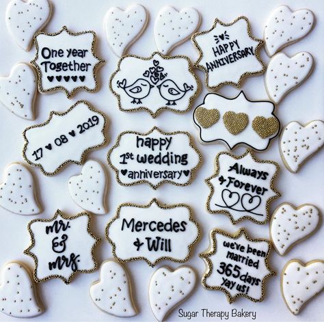 Sugar Therapy Bakery on Instagram: “I had the pleasure of creating this 1st anniversary set as a gift for a couple I’d never met with a sweet new baby. The best part was…” Anniversary Cookies, 1 Year Anniversary, 25th Wedding Anniversary, 1st Anniversary, New Baby, Cookie Decorating, Sugar Cookies, Wedding Anniversary, A Couple