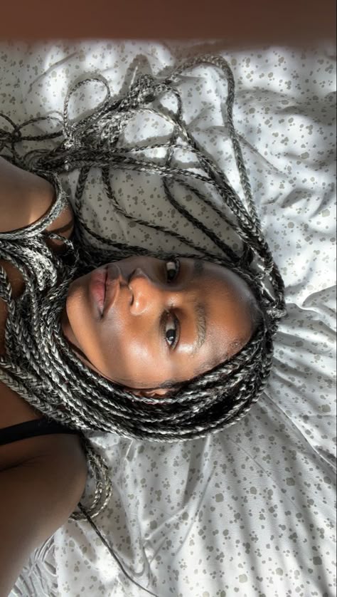 Black And Silver Braids For Black Women, Silver And Black Box Braids, Silver Braids Black Women, Black And Grey Braids, Silver Braids For Black Women, Grey Braids For Black Women, Silver Box Braids, Black And White Braids, Silver Hair Braids