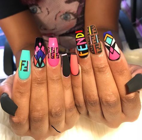 ✞THEmeanestWITCH✞ Branded Nails, Fendi Nails, Nails Bling, Best Press On Nails, Purple Nail Designs, Long Nail Designs, Claw Nails, Inspired Nails, Exotic Nails