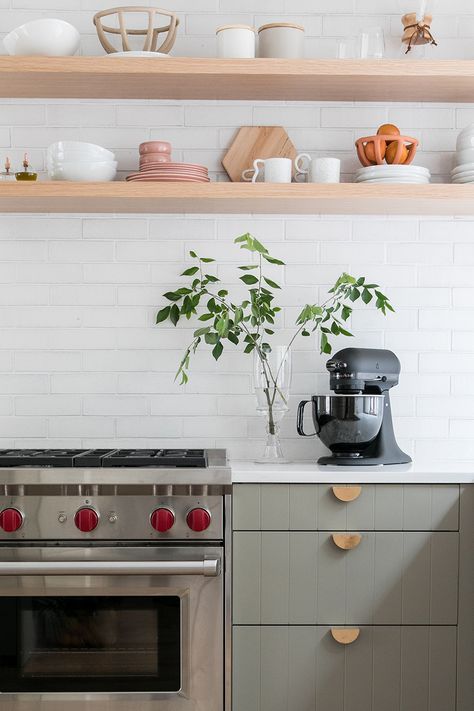 kitchen and dining room remodel with long shelving, white tile and wolf range. Kitchen And Dining Room Remodel, Sage Cabinets, Flat Panel Kitchen Cabinets, Desert Kitchen, Panel Kitchen Cabinets, Armoire Ikea, Ranch Kitchen, Sarah Sherman, Kitchen Confidential