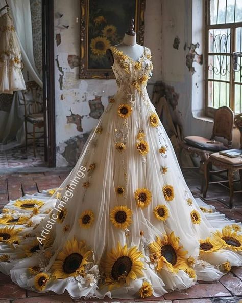 Sunflower Wedding Dress Bridesmaid, White And Yellow Wedding Dress, Sunflower Dress Aesthetic, Sunflower Wedding Dress, Sunflower Gown, Sunflower Things, Informal Attire, Yellow Wedding Dress, Sunflower Dress