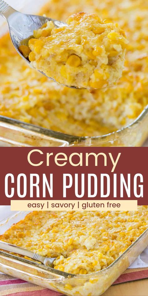 This easy Corn Pudding recipe is a family favorite! Made without corn muffin mix, this creamy corn casserole is naturally gluten free. It is a simple side perfect for holiday dinners from Thanksgiving to Christmas to Easter, as well as weeknight meals or Sunday supper! Corn Casserole With Egg, Gluten Free Corn Pudding Casserole, Mexican Corn Pudding Recipe, Egg Free Corn Casserole, Gluten Free Cornbread Pudding, Cornbread Casserole Gluten Free, Corn Pudding Recipe No Jiffy, Moist Corn Casserole, Baked Corn Side Dish