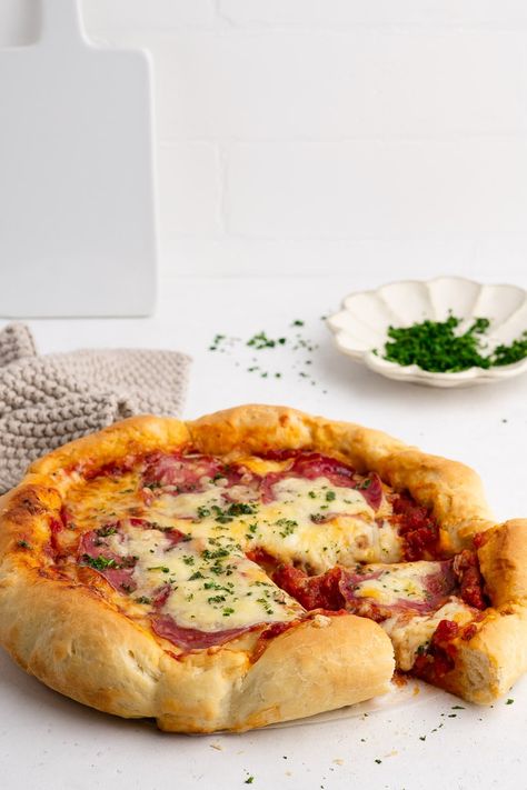 Deep Dish Pizza recipe with step-by-step photos | Eat, Little Bird #deepdishpizza #castironpizza #skilletpizza Thick Crust Pizza, Deep Dish Pizza Recipe, Chicago Style Pizza, Easy Tomato Sauce, Best Homemade Pizza, Skillet Cooking, Cast Iron Recipes, Homemade Pizza Dough, Grilled Pizza