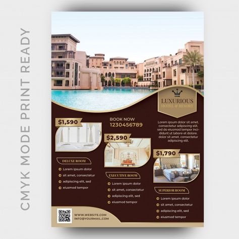 Luxury hotel template for poster, flyer | Premium Psd #Freepik #psd #background #brochure #flyer #poster Luxury Flyer Design, Hotel Promotion Design, Hotel Flyer Design, Corporate Ads, Template For Poster, Hotel Poster, Luxury Poster, Love Hotel, Hotel Ads