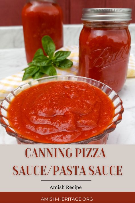 Bowl and jars of tomato pasta sauce Pizza Hut Sauce Recipe, Spaghetti Sauce Canning, Canned Pizza Sauce, Canning Pizza Sauce, Canning Pasta Sauce, Canning Spaghetti Sauce, Amish Canning, Best Amish Recipes, Italian Sauce Recipes