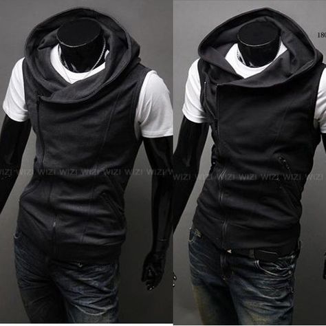 Sharp. Very sharp.  Hoodie vest. Sleeveless Hoodie Outfit, Steampunk Men Clothing, Kon Bleach, Teenager Fashion, Hoodie Outfit Men, Garden Fashion, Mens Vest Jacket, 7 Sins, Life Styles