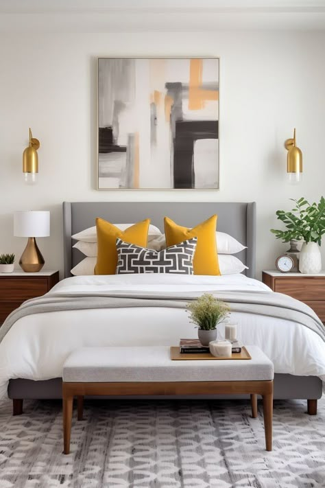 Mustard And Grey Bedroom, Mustard Bedroom, Bedroom Decor Art, Beautiful Bedroom Colors, Yellow Bedroom Decor, Modern Boho Bedroom, Boho Bedroom Design, Bedroom Sanctuary, Boho Color