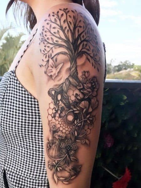 Michelle Tattoo, Woman Tree Tattoo, Adoption Tattoo, Tree Sleeve Tattoo, Tree Sleeve, Lower Arm Tattoos, Family Tree Tattoo, Tree Tattoos, Cool Arm Tattoos