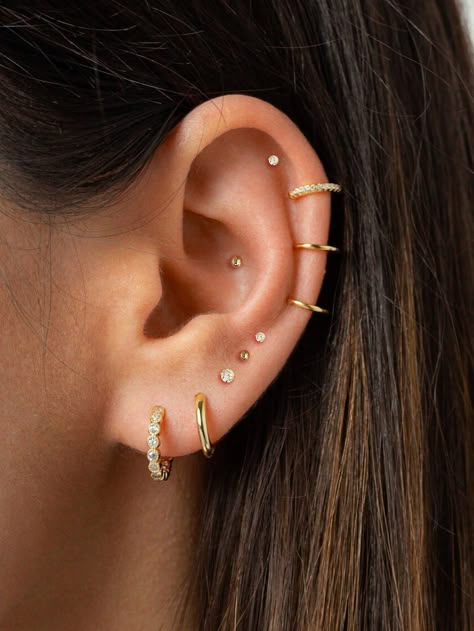 Gold  Collar     Embellished   Women Fashion Jewelry 3 Ring Ear Piercing, Low Cartilage Piercing Hoop, 3 Helix Ear Piercings, Small Piercings Ear, Woman Ear Piercing, Ear Piercing Ideas Helix Simple, Delicate Ear Piercings Classy, Beautiful Ear Piercings, Ear Piercings Hoops Multiple