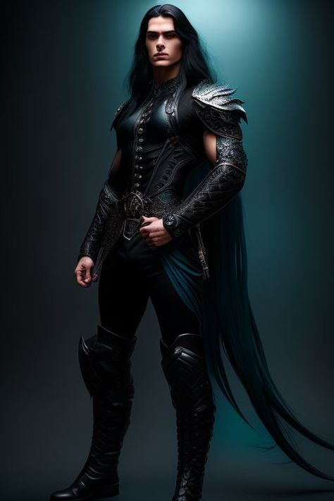 Desna: muscular man, long black hair, teal iris, teal eyes, wearing black leather, long hair, Fantasy, digital art Black Hair Men Long, Long Black Hair Man Art, Male With Long Black Hair, Man Long Black Hair, Long Haired Husky, Alt Guys, Elven Hairstyles, Black Hair Green Eyes, Fantasy Digital Art