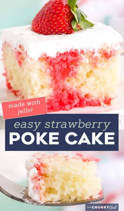 Strawberry Poke Cake Recipe, Strawberry Poke Cake, Strawberry Poke Cakes, The Chunky Chef, Poke Cake Recipe, Chunky Chef, Jello Cake, Sugar Free Cake, Strawberry Jello