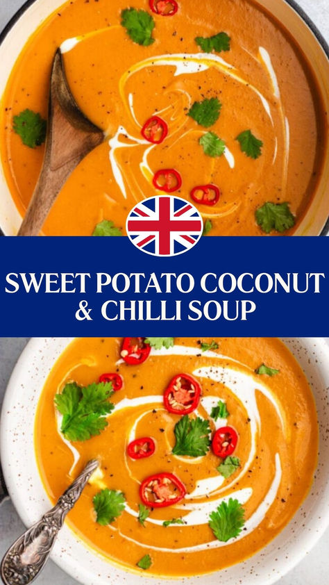 Sweet Potato Coconut & Chilli Soup​ Sweet Potato Chilli Soup, Sweet Potato Coconut Curry Soup, Sweet Potato Coconut Soup, Sweet Potato Coconut Curry, Sweet Potato Chilli, Chilli Soup, Easy Sweet Potato, Coconut Curry Soup, Coconut Milk Soup