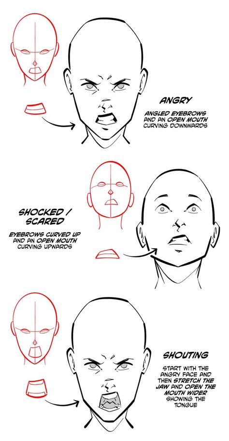 Head Expression Reference, Drawing Faces Expressions, Comics Facial Expression, Comic Head Drawing, Expression Tutorial Drawing, Character Facial Expressions Sketches, Human Face Expression Sketch, How To Draw Fear Expression, Facial Expressions Tutorial