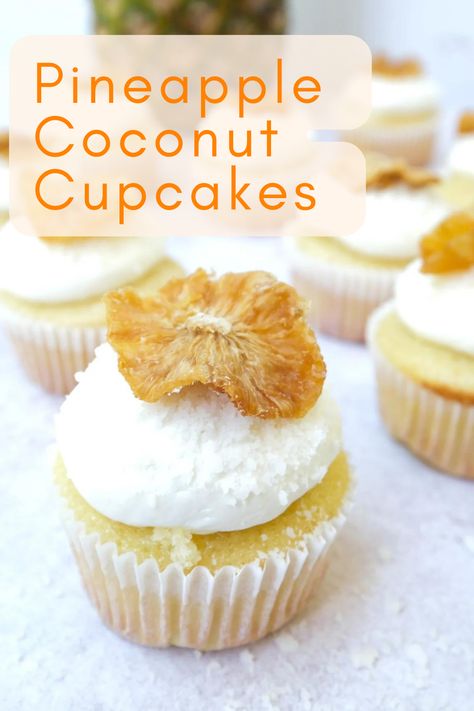 Summer is here and so are these delicious pineapple coconut cupcakes! These amazing cupcakes are full of pineapple flavor and will surely be a big crowd pleaser. Pineapple Coconut Cupcakes, Hawaiian Cupcakes, Coconut Cupcake Recipes, Pineapple Cupcake, Cinnamon Roll Cupcakes, Pina Colada Cupcakes, Pineapple Cupcakes, Amazing Cupcakes, Delicious Cupcakes Recipes