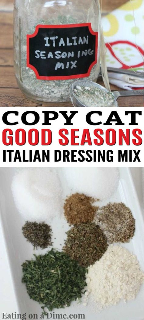 This Copycat Good Seasons Italian Dressing Mix recipe is easy to make and saves you a ton of money. Use it for more than just dressing! How to make homemade Italian dressing recipe dry mix. Check out this DIY recipe to make zesty Italian Dressing Mix. #eatingonadime #diyseasoningmixes Italian Dressing Seasoning Recipe, Seven Seas Italian Dressing Recipe, Homemade Italian Dressing Recipe, Italian Dressing Mix Recipe, Recipe For Italian Dressing, How To Make Homemade Italian Dressing, Best Italian Dressing, Best Italian Dressing Recipe, Easy Italian Dressing Recipe