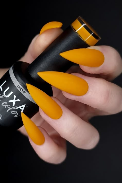 Fall Stilleto Nails Autumn Matte, Matte Nails Yellow, Dark Orange Matte Nails, Matte Yellow Nails, Mustard Nails Design, Yellow Fall Nails, Neon Yellow Matte Nails, Mustard Yellow Nails, Neon Orange Matte Nails