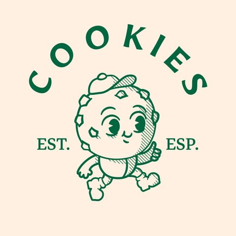 Logo para tienda de galletas guay retro Cookie Illustration Design, Logo Cookies Design Branding, Brand Mascot Design, Cookie Shop Logo, Cookies Logo Design, Chocolate Logo Design, Retro Cookies, Cookie Logo, Cookies Shop