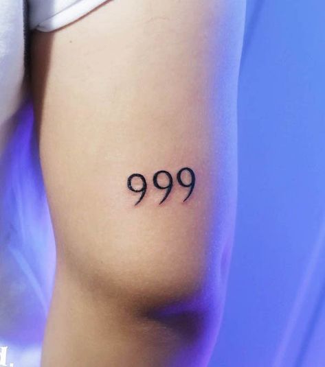 57 Spiritual Angel Number Tattoos with Meaning 999 Angel Number Tattoo, Arm Tattoos Cute, 999 Tattoo Design, Angel Number Tattoos, Angel Number Tattoo Ideas, Number Tattoo Ideas, Inner Finger Tattoo, 999 Tattoo, 999 Angel Number