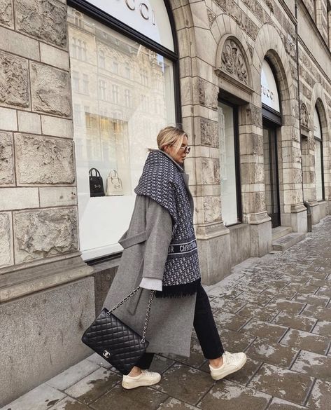 Untitled Cozy Inspiration, Scarf Outfit Winter, Dior Outfit, Dior Scarf, Grey Aesthetic, Cold Fashion, Gray Coat, Classy Winter Outfits, Winter Styles