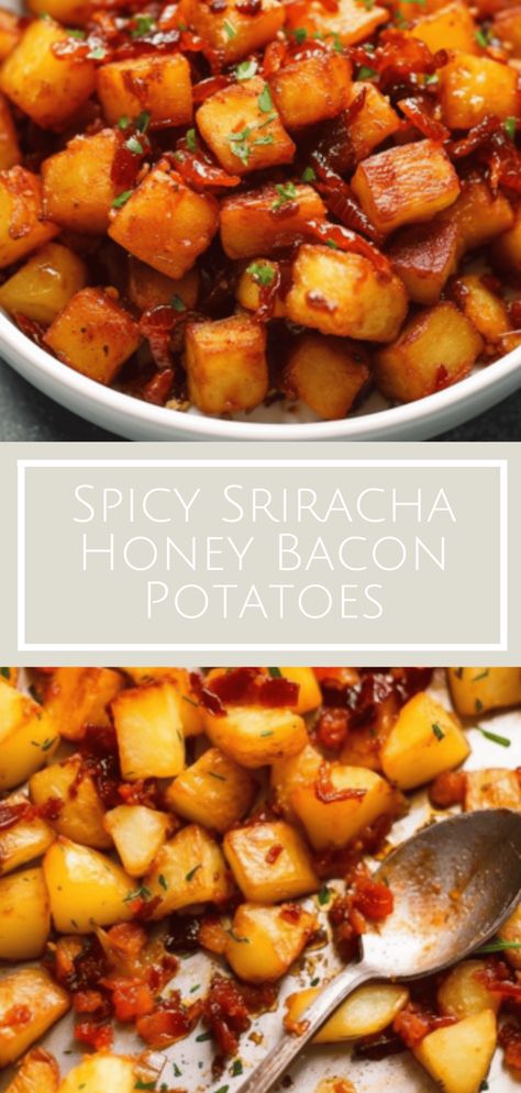 Try these irresistible Spicy Sriracha Honey Bacon Potatoes for a perfect balance of spicy, sweet, and smoky flavors in a crispy roasted side dish. Honey Bacon, Bacon Potatoes, Meals Without Meat, Potato Dinner, Bacon Potato, Brunch Spread, Cooking Bacon, Cubed Potatoes, Recipe Cover