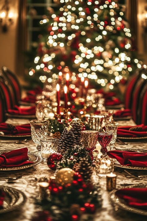 Luxurious Christmas dining table set in maximalist style. Set a stunning table for the holidays! This maximalist Christmas dining decor is overflowing with rich textures, sparkling details, and a warm, inviting atmosphere. Perfect for those who love opulent, festive decor. #HolidayTableSetting #ChristmasDining #MaximalistDecor #FestiveTable #ChristmasInspo Christmas Aesthetic Rich, Christmas Diner Decor Ideas, Candlelight Christmas Dinner, Christmas Luxury Aesthetic, Modern Luxury Christmas Decor, Classic Traditional Christmas Decor, Family Christmas Table, New Year Tablescape, Christmas Dinner Aesthetic